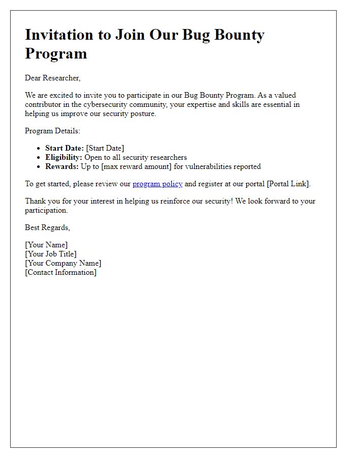 Letter template of bug bounty program invitation for researchers