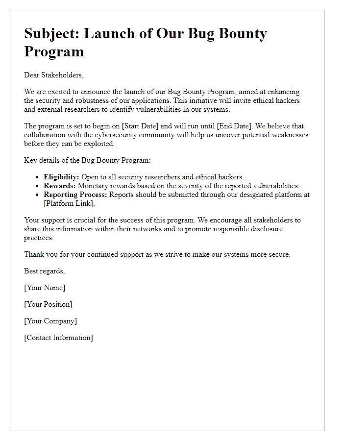 Letter template of bug bounty program launch for stakeholders