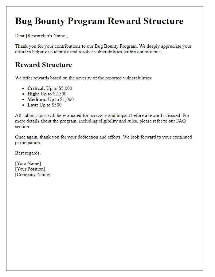 Letter template of bug bounty program reward structure