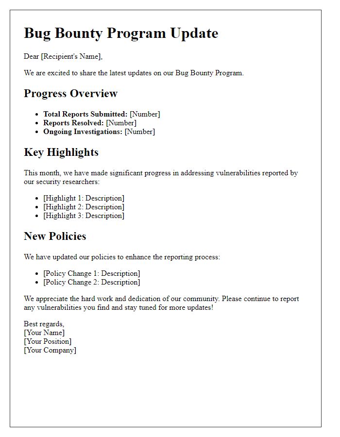 Letter template of bug bounty program updates and progress