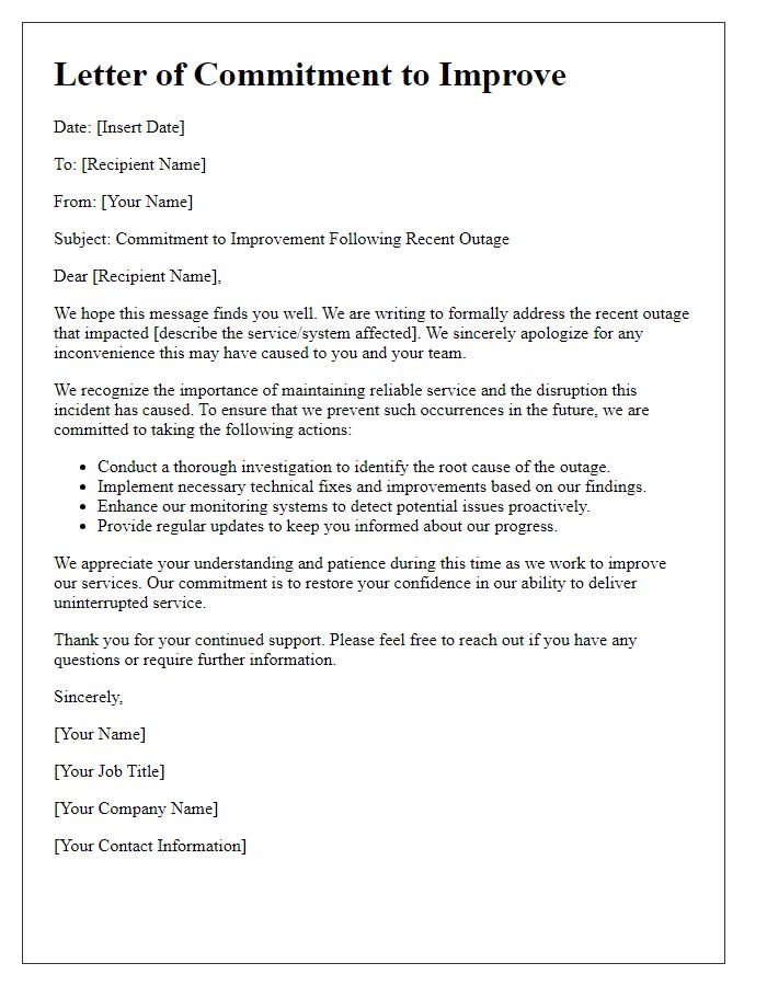 Letter template of commitment to improve after outage