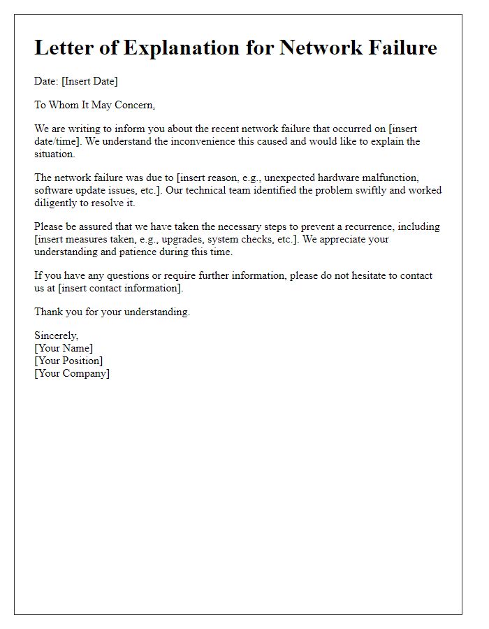Letter template of explanation for recent network failure