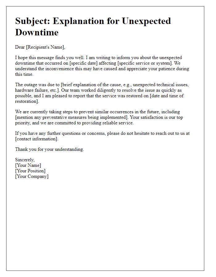 Letter template of explanation for unexpected downtime