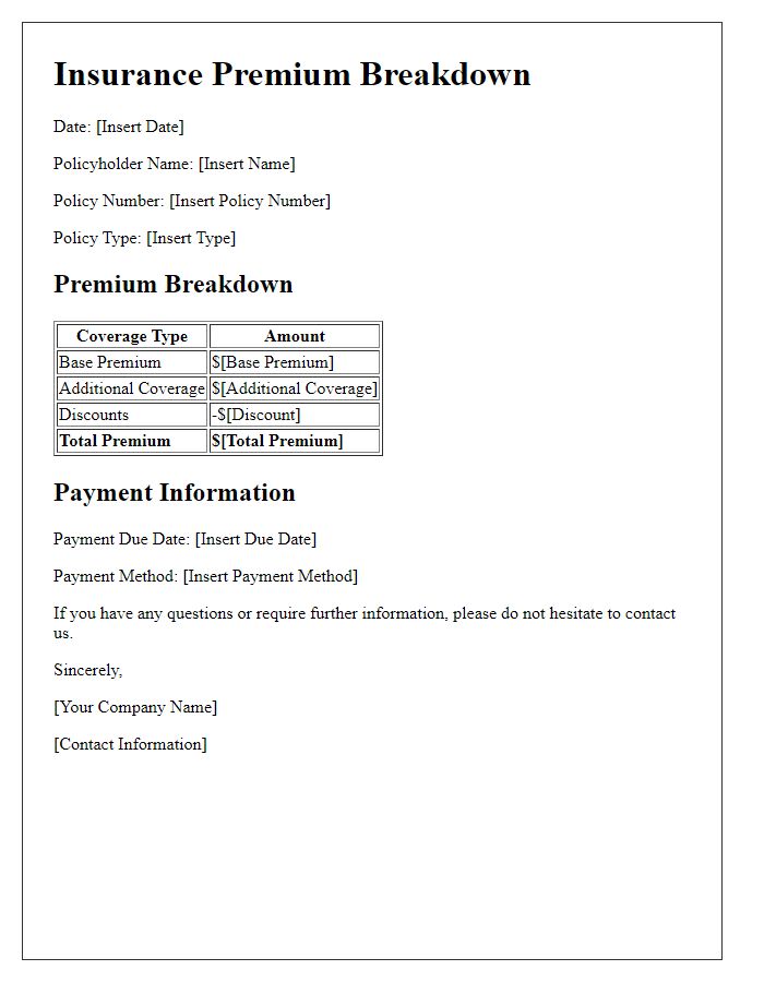 Letter template of insurance premium breakdown for policyholders.