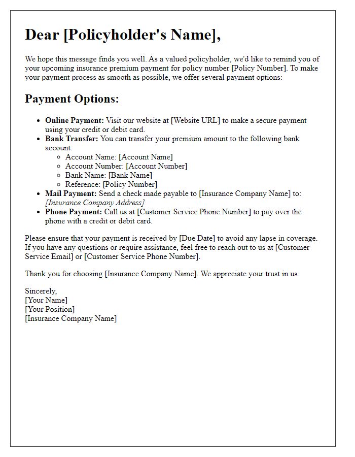 Letter template of insurance premium payment options for policyholders.