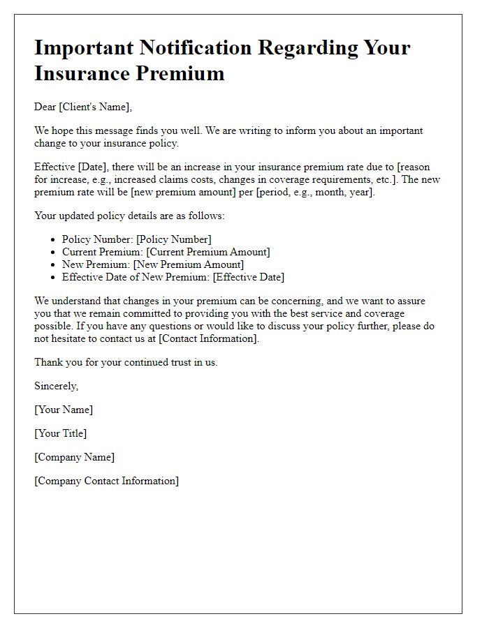 Letter template of insurance premium rate increase notification for clients.