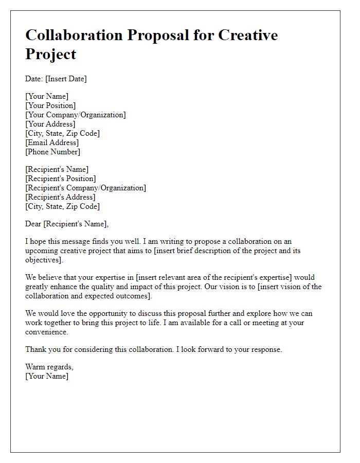 Letter template of collaboration proposal for creative projects.