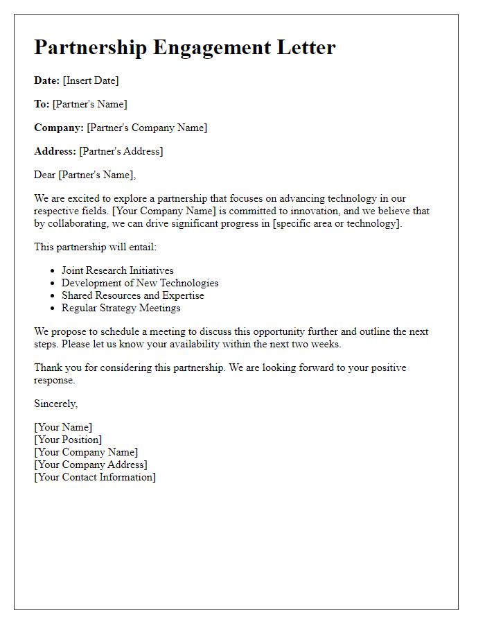 Letter template of partnership engagement for technology advancements.