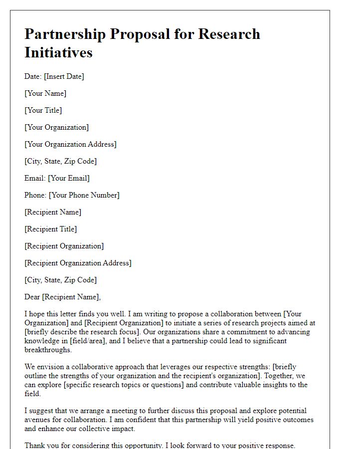 Letter template of partnership proposal for research initiatives.