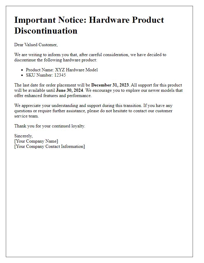 Letter template of hardware product discontinuation update