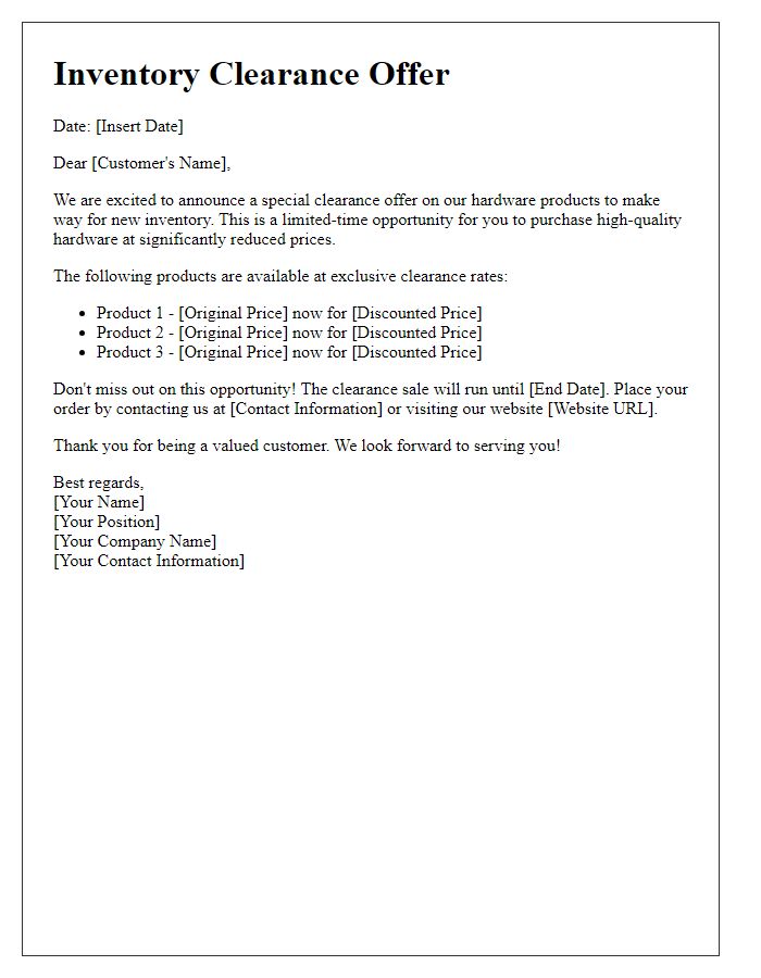 Letter template of hardware product inventory clearance offer