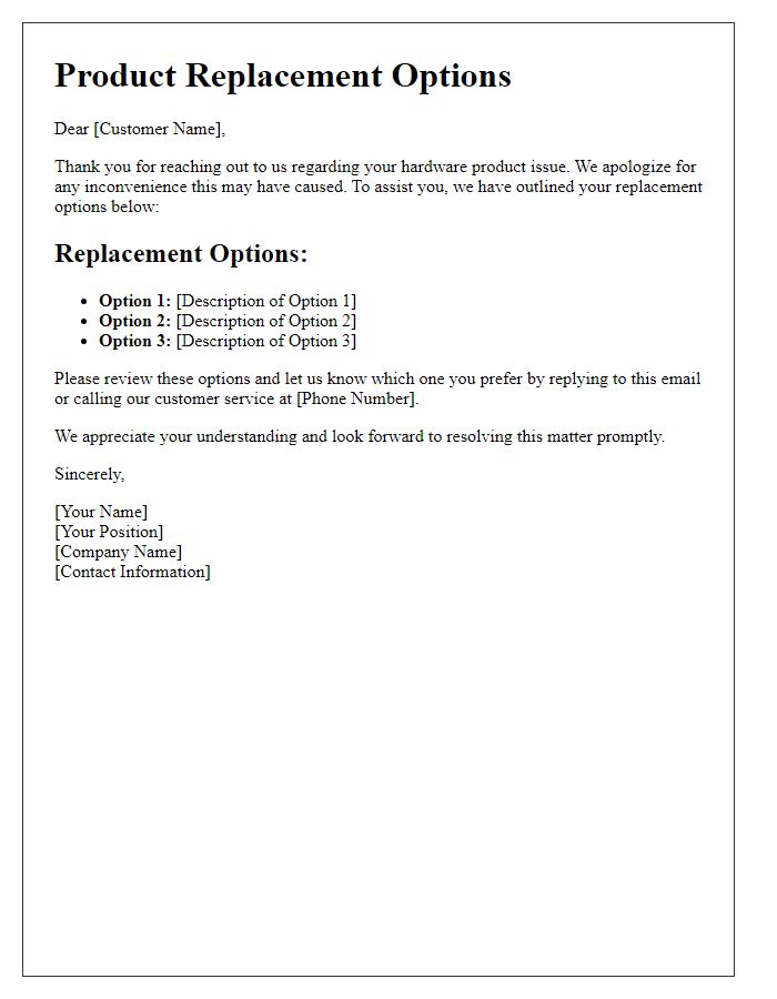 Letter template of hardware product replacement options