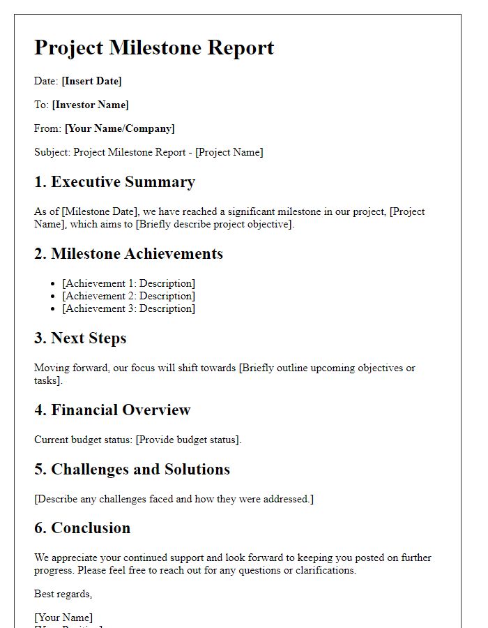 Letter template of project milestone report for investors.