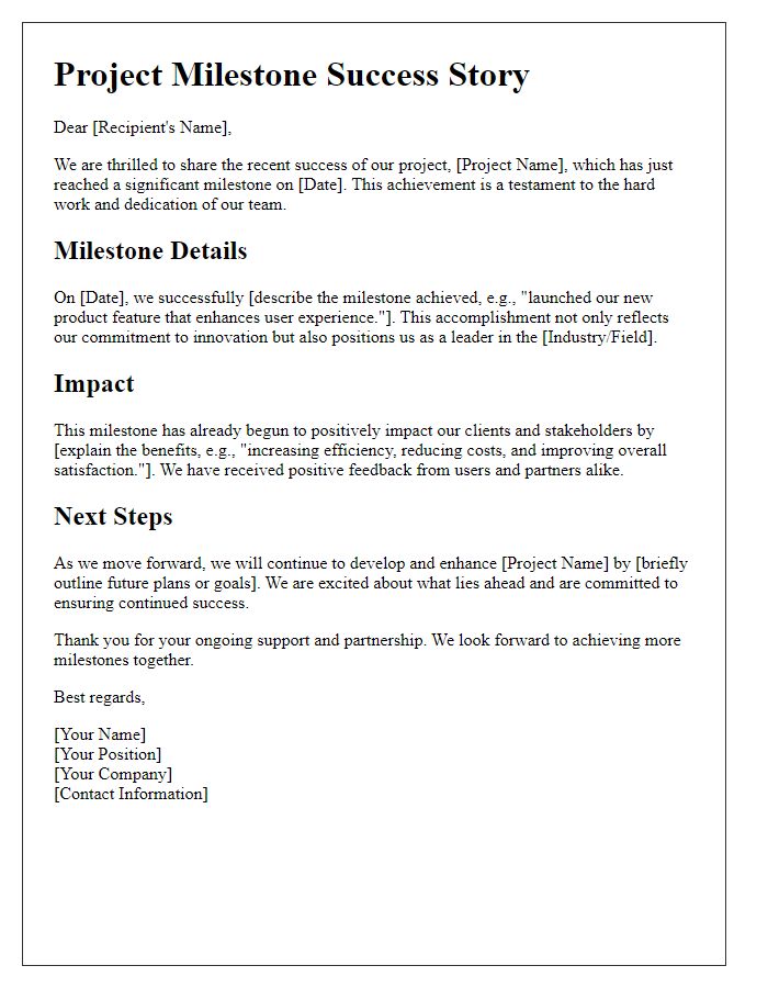 Letter template of project milestone success story for marketing.