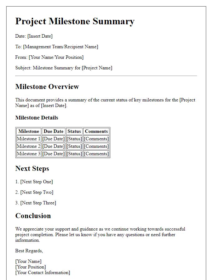 Letter template of project milestone summary for management.