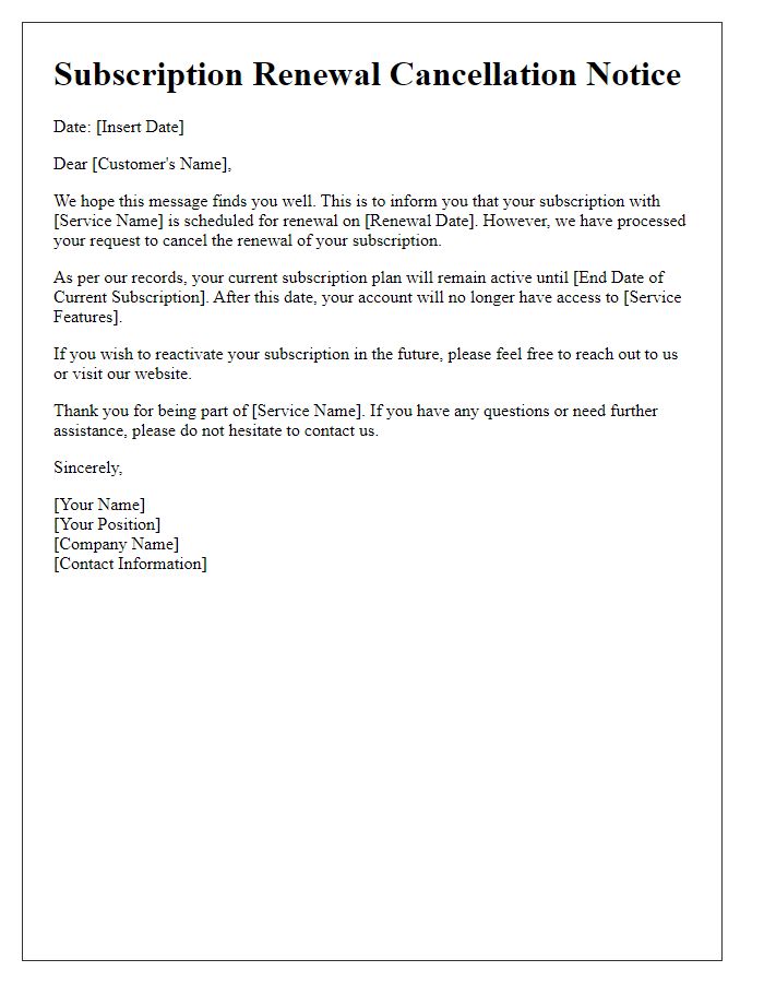 Letter template of SaaS subscription renewal cancellation notice