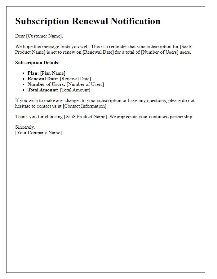 Letter template of SaaS subscription renewal for multiple users