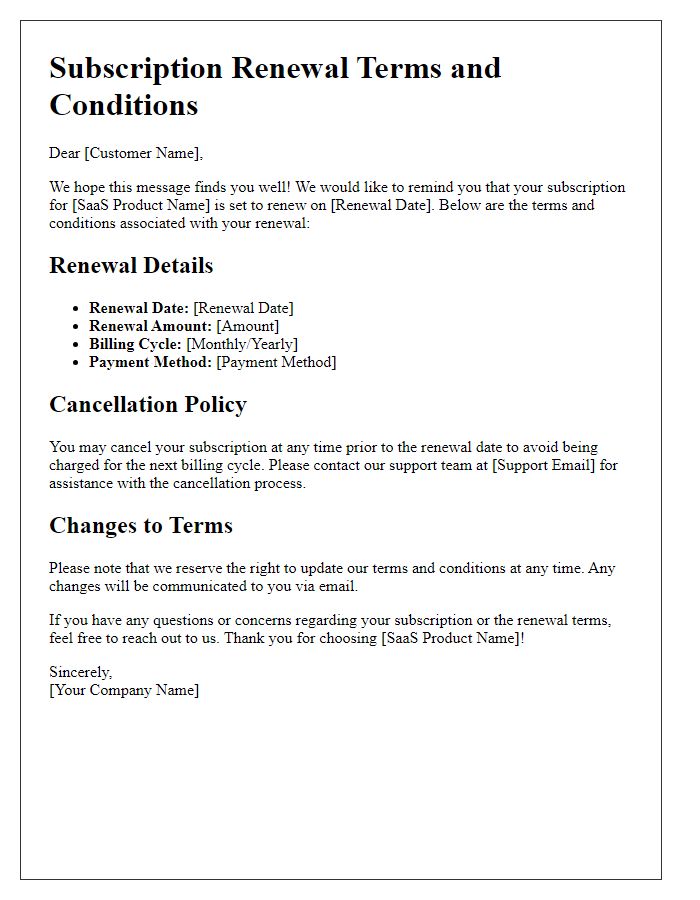 Letter template of SaaS subscription renewal terms and conditions