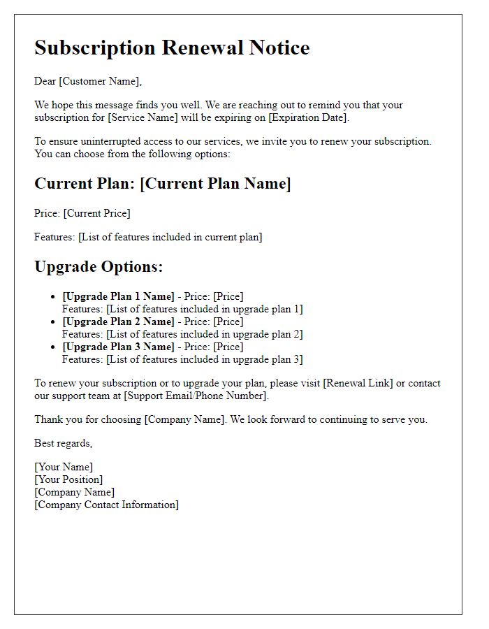 Letter template of SaaS subscription renewal with upgrade options