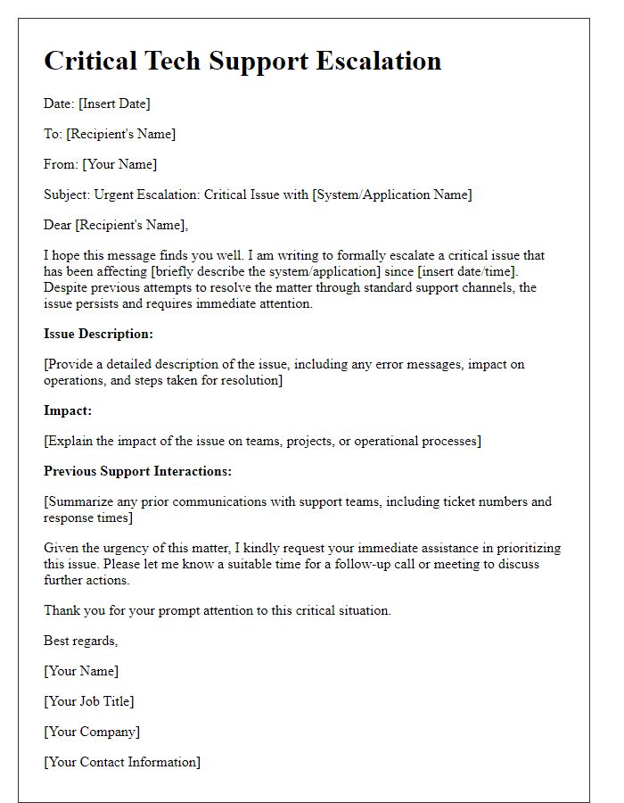 Letter template of critical tech support escalation communication.