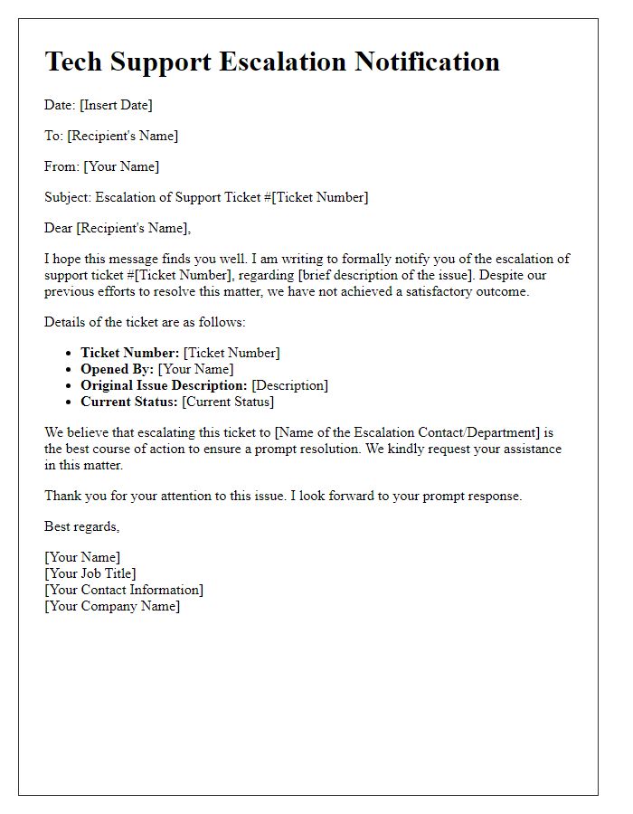 Letter template of formal tech support escalation notification.