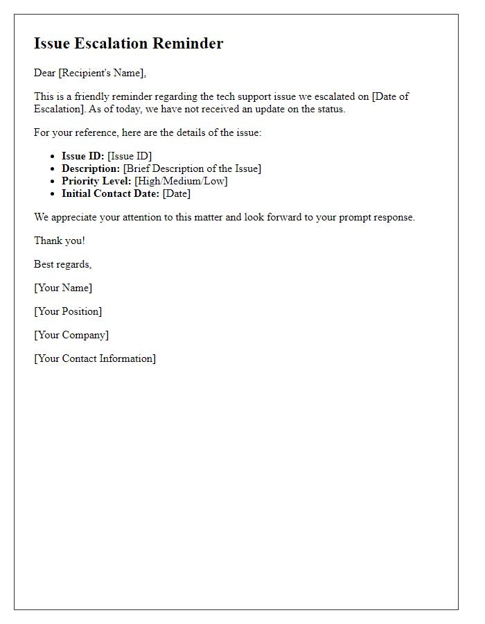 Letter template of tech support issue escalation reminder.
