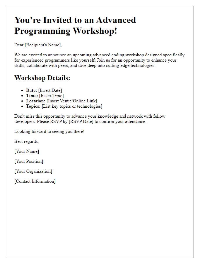 Letter template of coding workshop invitation for advanced programmers