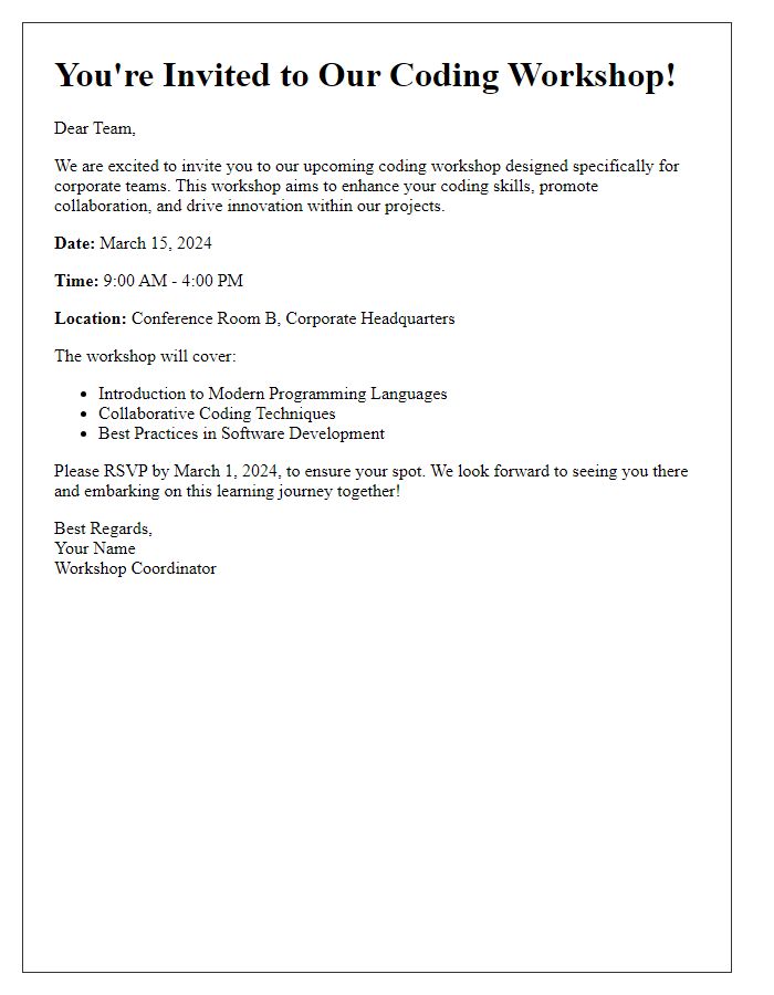 Letter template of coding workshop invitation for corporate teams