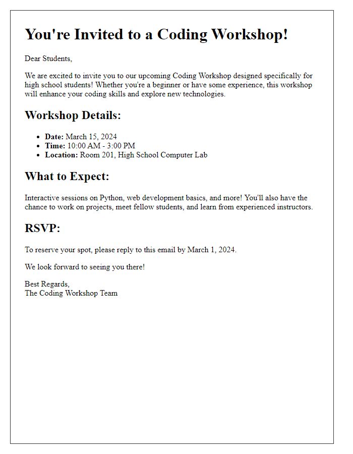 Letter template of coding workshop invitation for high school students