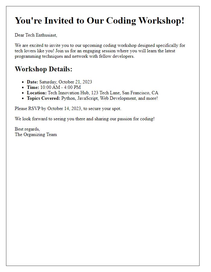 Letter template of coding workshop invitation for tech enthusiasts