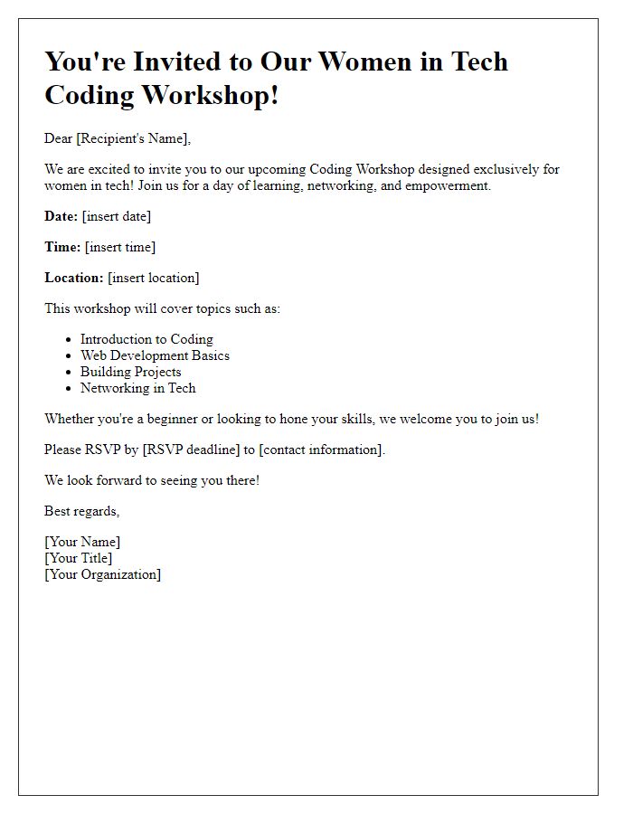 Letter template of coding workshop invitation for women in tech