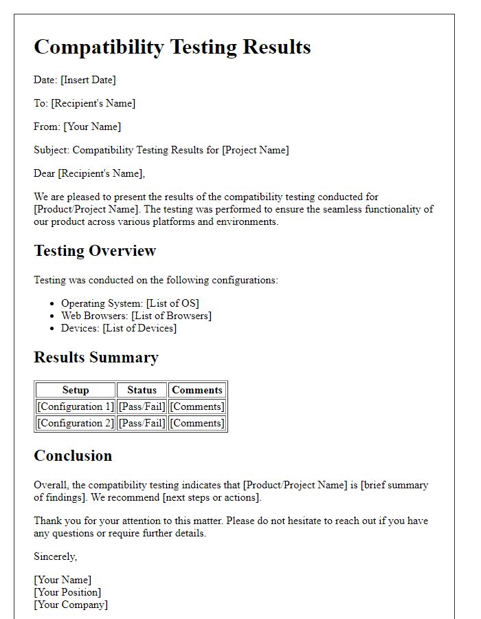 Letter template of compatibility testing results