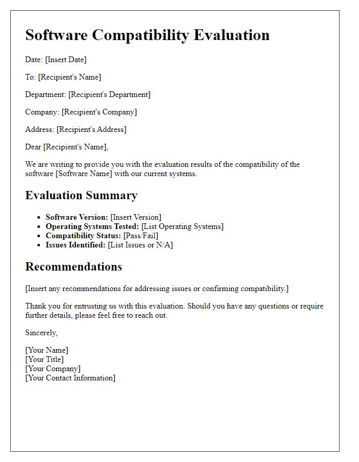 Letter template of software compatibility evaluation