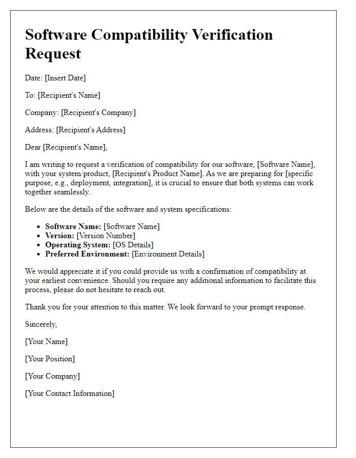 Letter template of software compatibility verification request