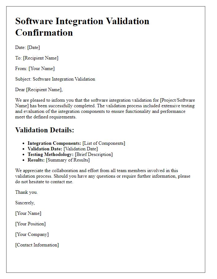 Letter template of software integration validation