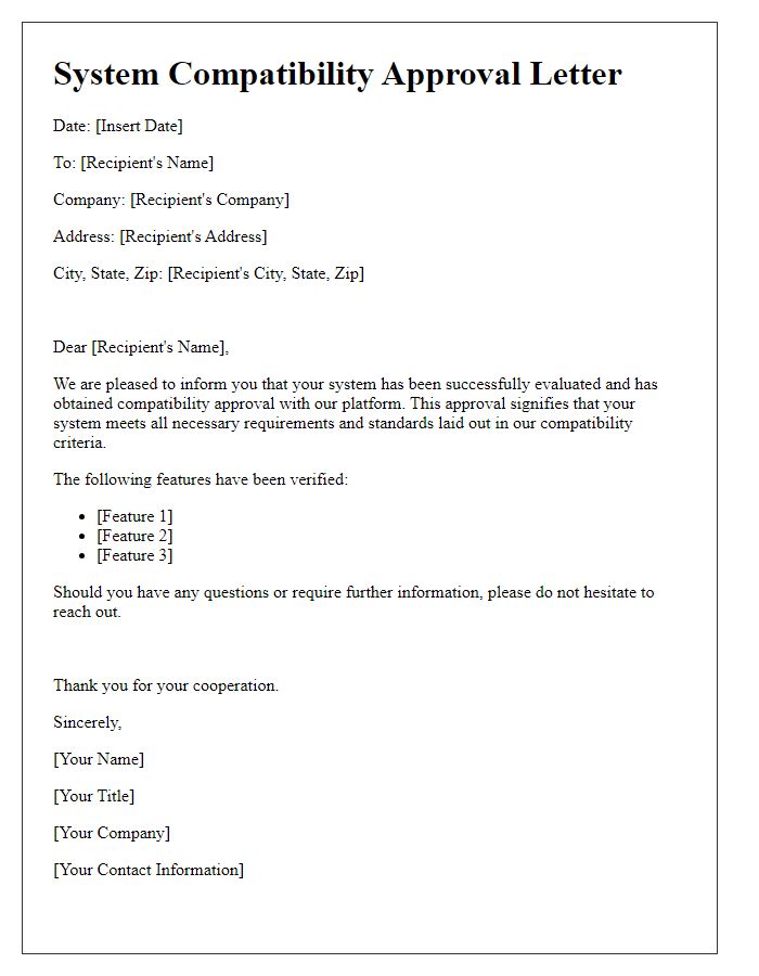 Letter template of system compatibility approval