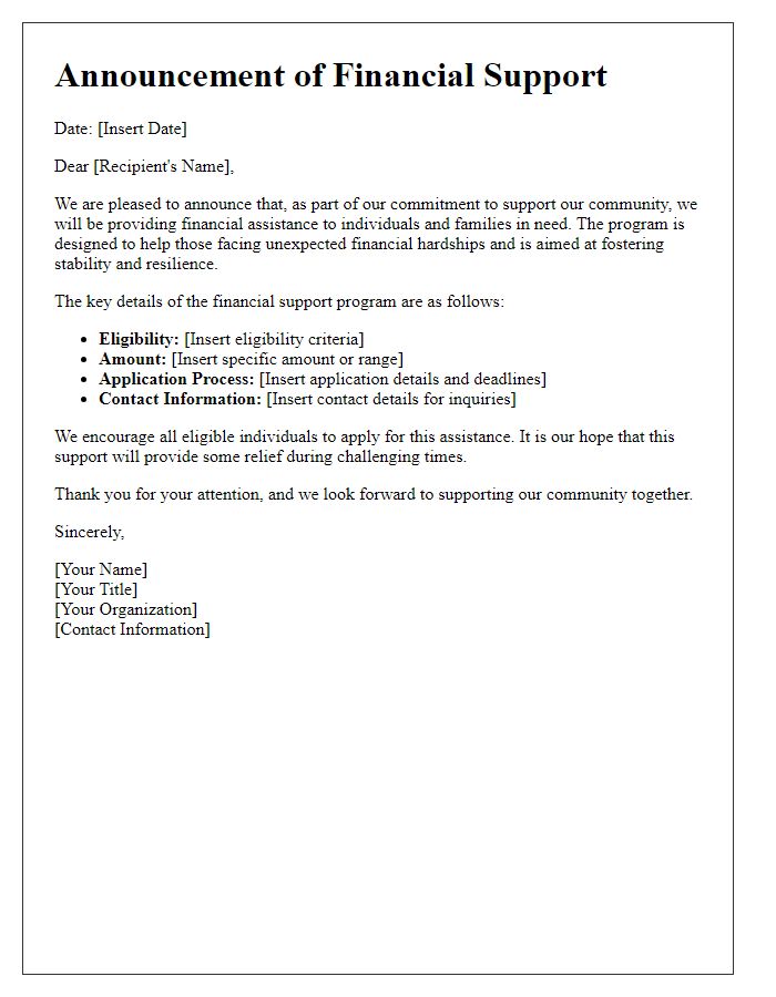 Letter template of financial support announcement