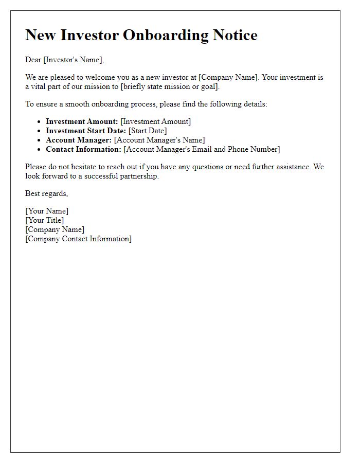 Letter template of new investor onboarding notice