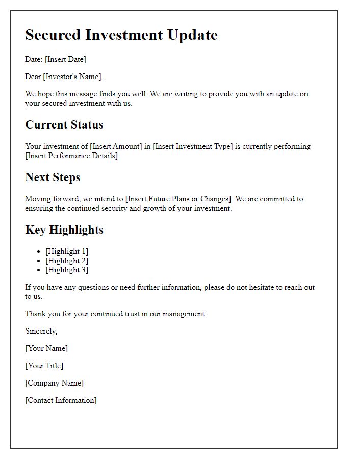 Letter template of secured investment update