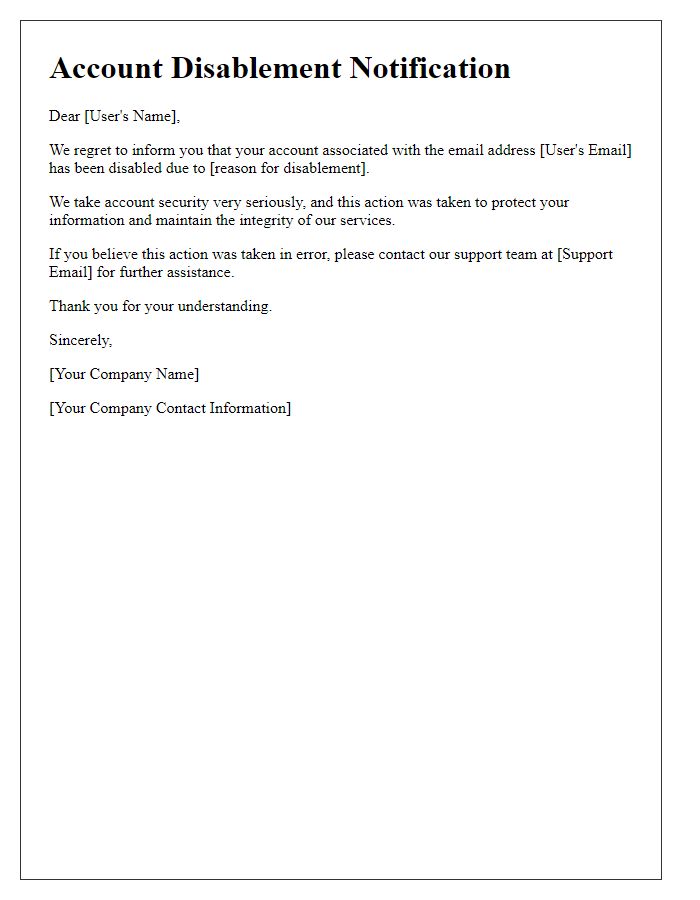 Letter template of account disablement announcement