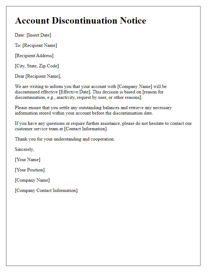 Letter template of account discontinuation communiqu