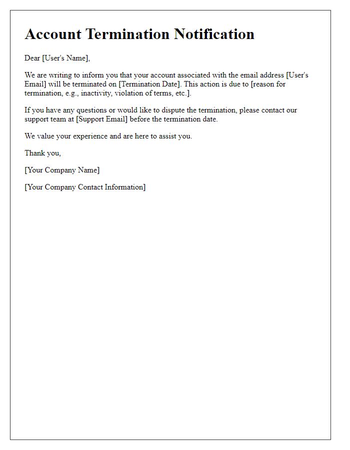 Letter template of account termination alert