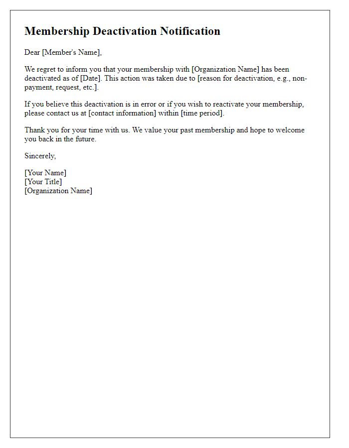 Letter template of membership deactivation message