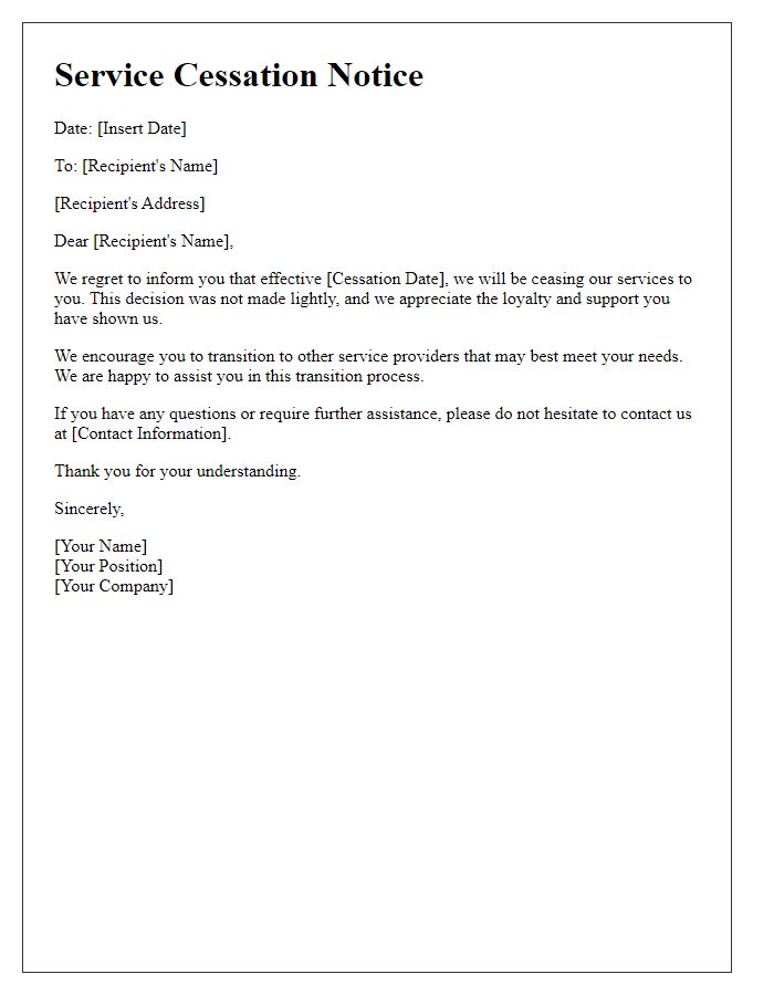 Letter template of service cessation notice