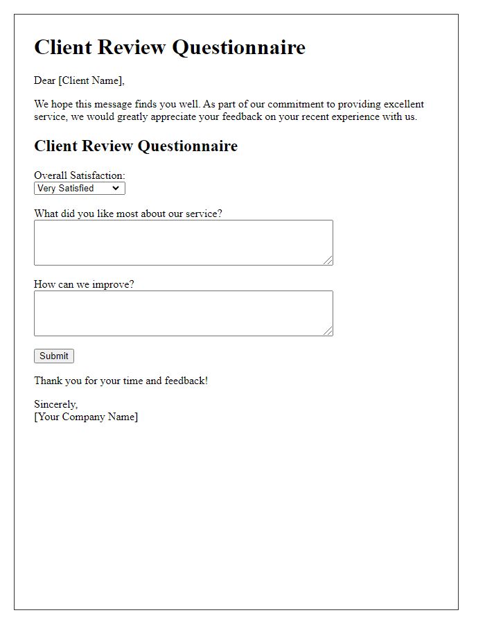 Letter template of client review questionnaire