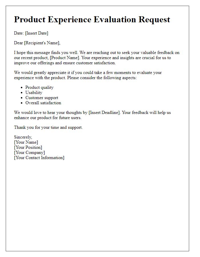 Letter template of product experience evaluation request