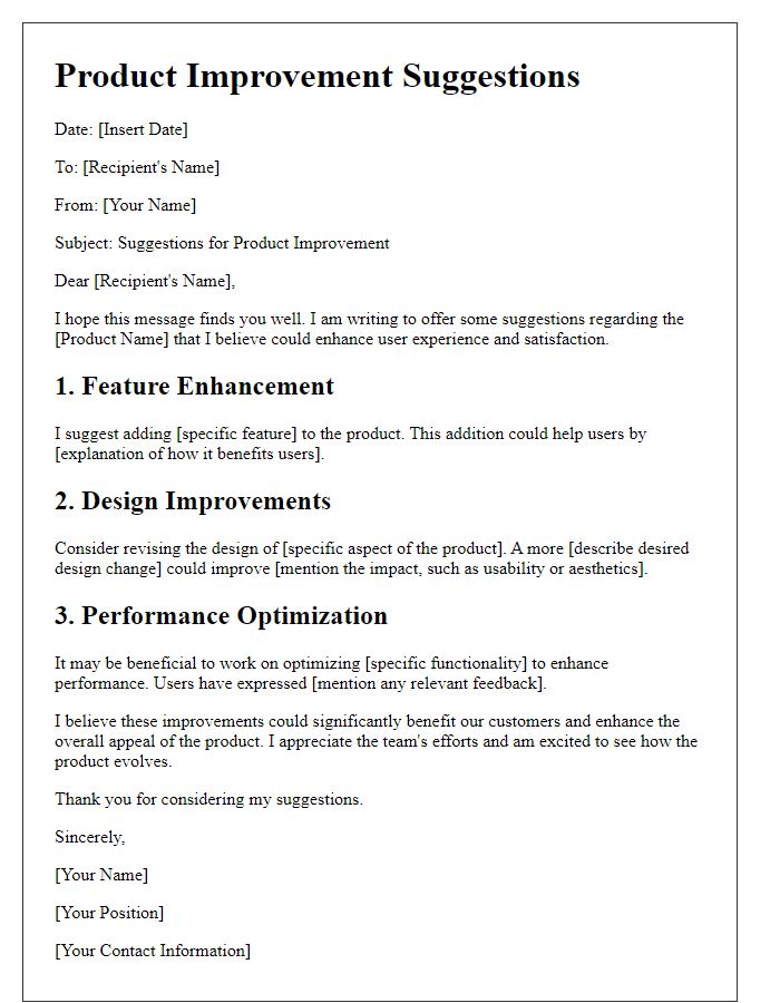 Letter template of product improvement suggestions