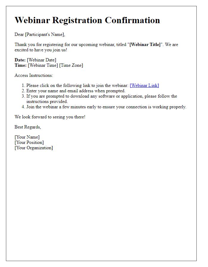 Letter template of webinar registration confirmation with access instructions.