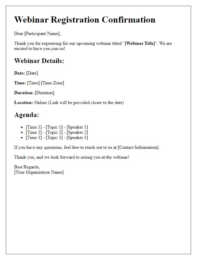 Letter template of webinar registration confirmation with agenda details.