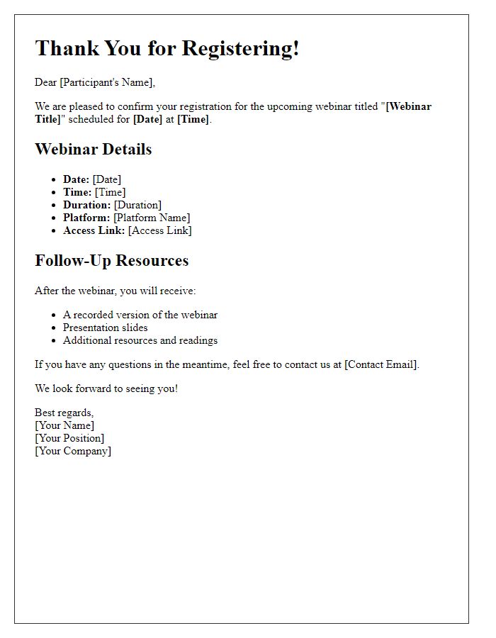 Letter template of webinar registration confirmation with follow-up resources.